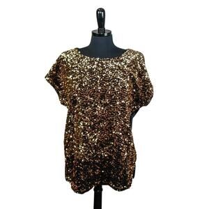 Cable & Gauge Gold Bronze Sequin Black Velour Velvet Short Sleeves XL